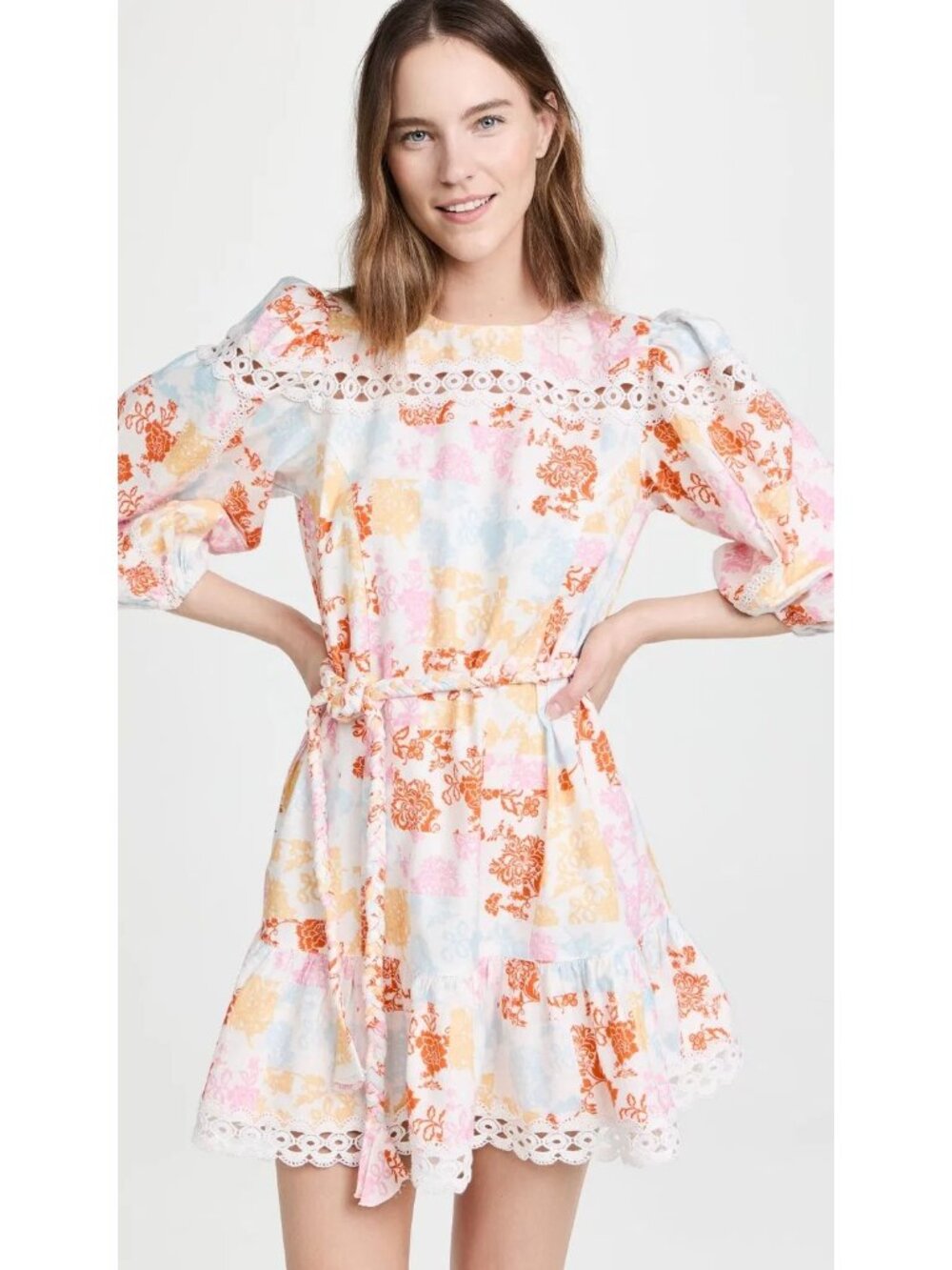 Rahi NWT Cotton Puffed Sleeve Multicolor Belted Lace Trim Mini Dress size Small